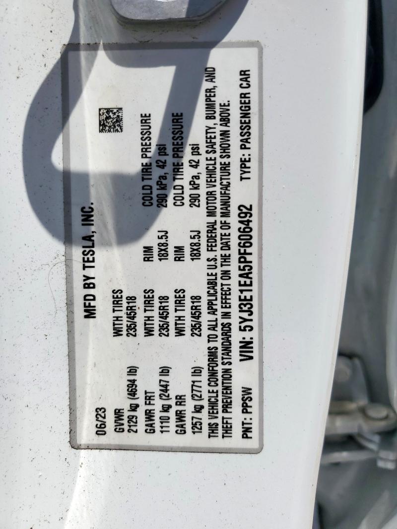 5YJ3E1EA5PF606492 - 2023 TESLA MODEL 3 Ağ foto 12