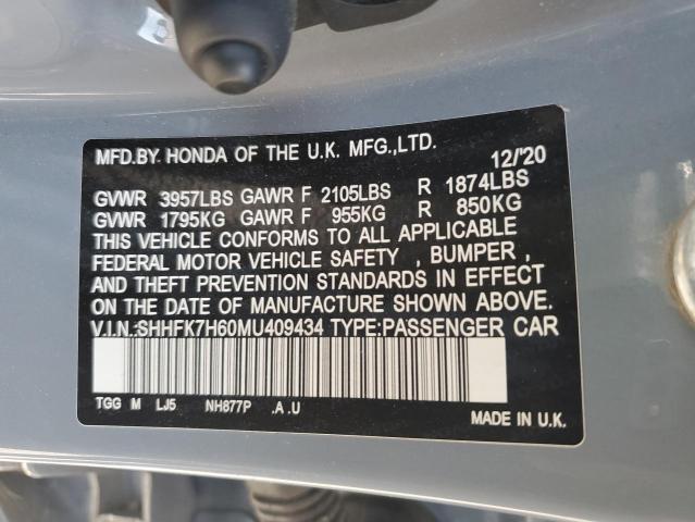SHHFK7H60MU409434 - 2021 HONDA CIVIC EX GRAY photo 12