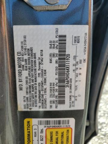 3FA6P0HD6KR111920 - 2019 FORD FUSION SE BLACK photo 12