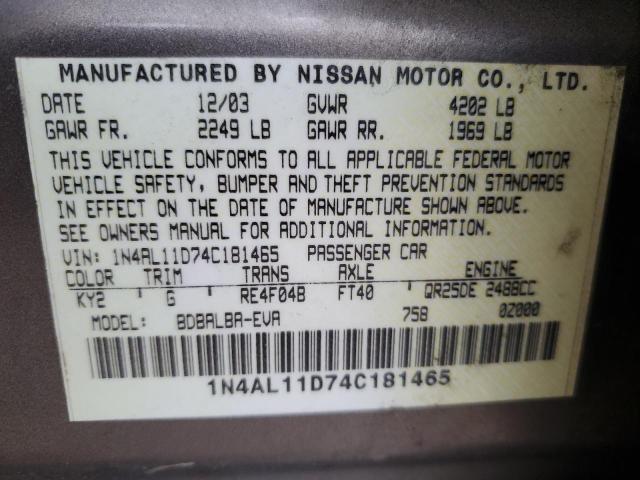 1N4AL11D74C181465 - 2004 NISSAN ALTIMA BASE თაფლისფერი ფოტო 12
