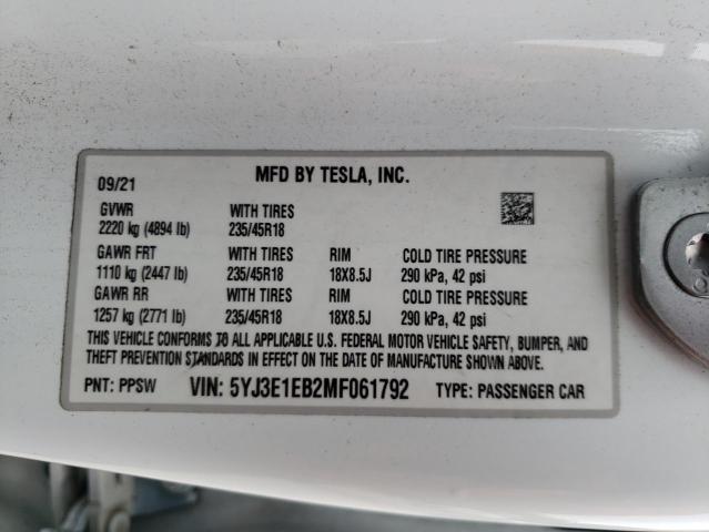 5YJ3E1EB2MF061792 - 2021 TESLA MODEL 3 白色 照片 12