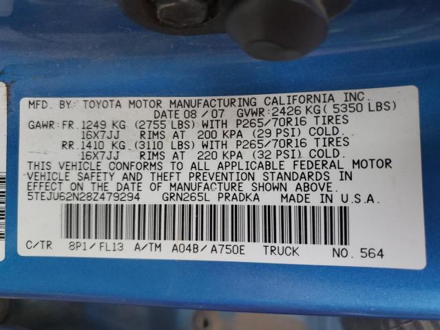 5TEJU62N28Z479294 - 2008 TOYOTA TACOMA DOUBLE CAB PRERUNNER BLUE photo 12
