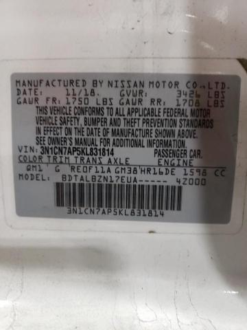 3N1CN7AP5KL831814 - 2019 NISSAN VERSA S WHITE photo 12