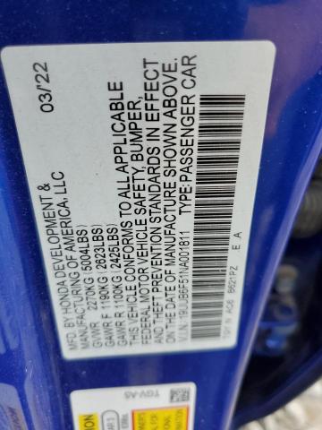 19UUB6F51NA001811 - 2022 ACURA TLX TECH A BLUE photo 13