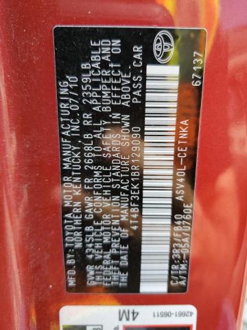 4T4BF3EK1BR129090 - 2011 TOYOTA CAMRY BASE RED photo 13