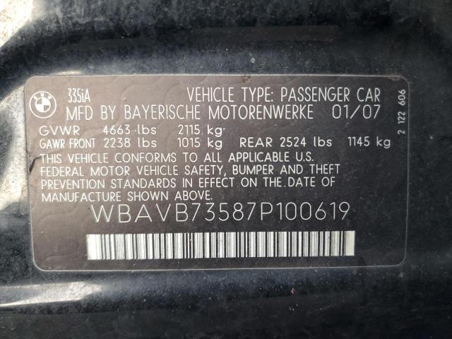 WBAVB73587P100619 - 2007 BMW 335 I BLACK photo 12