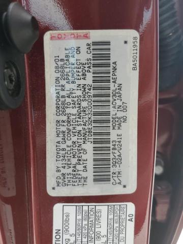 JTDBE32K320009742 - 2002 TOYOTA CAMRY LE RED photo 12