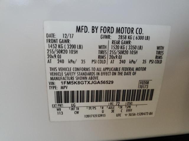 1FM5K8GTXJGA56529 - 2018 FORD EXPLORER SPORT Білий фото 14