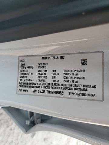 5YJ3E1EB1MF980621 - 2021 TESLA MODEL 3 Ağ foto 12