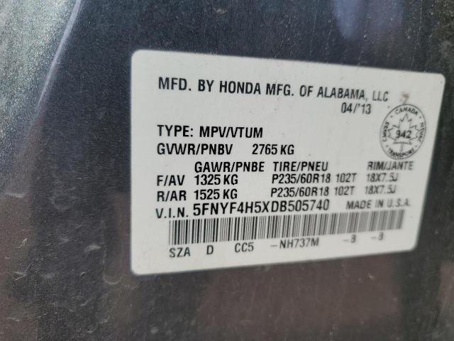 5FNYF4H5XDB505740 - 2013 HONDA PILOT EXL Gri fotoğraf 12