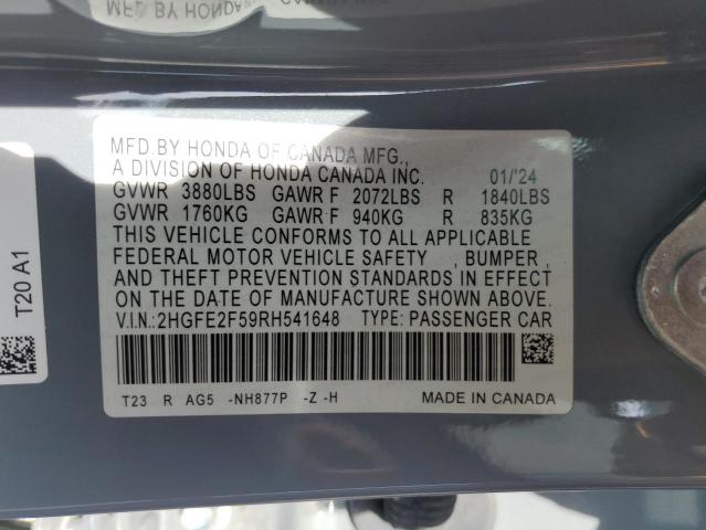 2HGFE2F59RH541648 - 2024 HONDA CIVIC SPORT GRAY photo 12