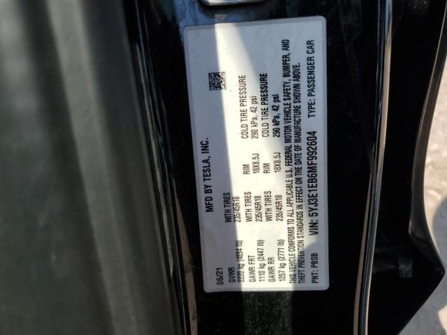 5YJ3E1EB6MF992604 - 2021 TESLA MODEL 3 Qara foto 12