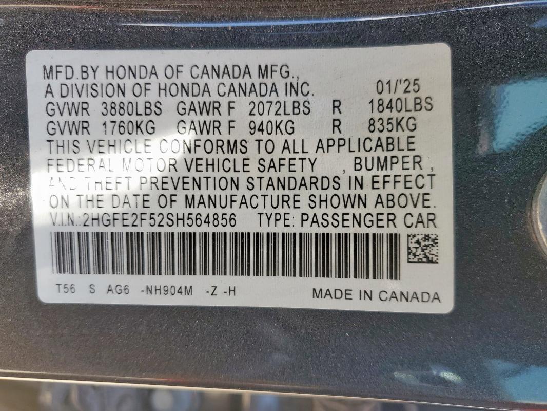 2HGFE2F52SH564856 - 2025 HONDA CIVIC SPORT გრაფიტი ფოტო 12