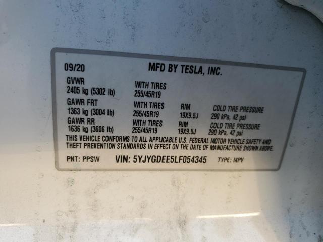 5YJYGDEE5LF054345 - 2020 TESLA MODEL Y 白色 照片 12