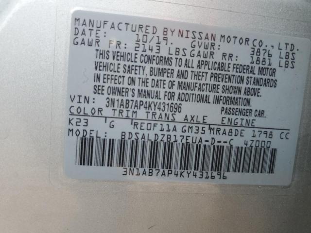 3N1AB7AP4KY431696 - 2019 NISSAN SENTRA S SILVER photo 13