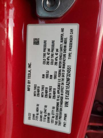 5YJ3E1EA2NF324551 - 2022 TESLA MODEL 3 მუქწითელი ფოტო 12