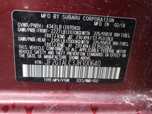 JF2GTALC3JH300640 - 2018 SUBARU CROSSTREK LIMITED BURGUNDY photo 13