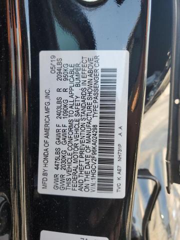 1HGCV2F96KA024298 - 2019 HONDA ACCORD TOURING Czarny zdjęcie 12