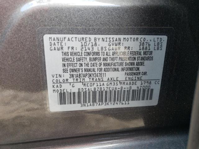 3N1AB7AP3KY247611 - 2019 NISSAN SENTRA S GRAY photo 12