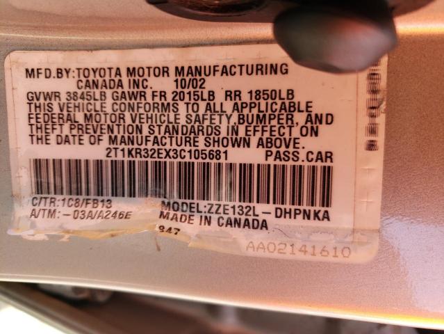 2T1KR32EX3C105681 - 2003 TOYOTA MATRIX XR SILVER photo 12