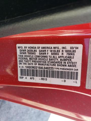 1HGEM22184L046225 - 2004 HONDA CIVIC DX VP RED photo 12