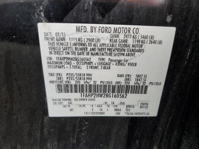 1FAHP2HW2BG160562 - 2011 FORD TAURUS SEL BLACK photo 12