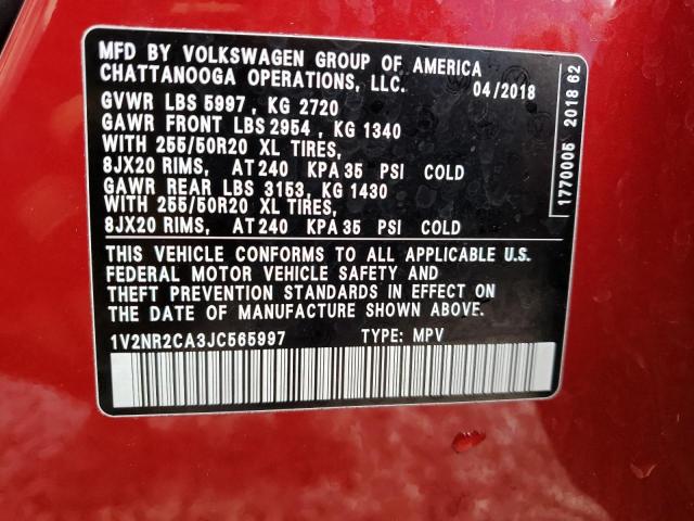 1V2NR2CA3JC565997 - 2018 VOLKSWAGEN ATLAS SEL PREMIUM RED photo 14