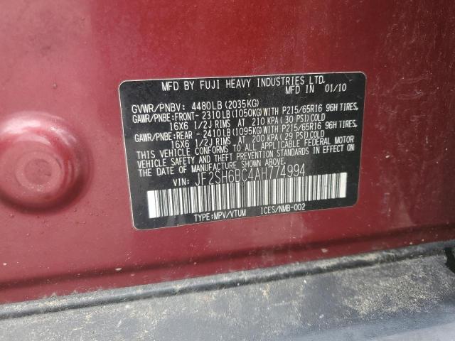 JF2SH6BC4AH774994 - 2010 SUBARU FORESTER XS Bordeaux Foto 12