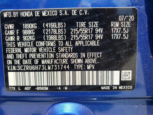 3CZRU6H73LM731744 - 2020 HONDA HR-V EXL BLUE photo 13