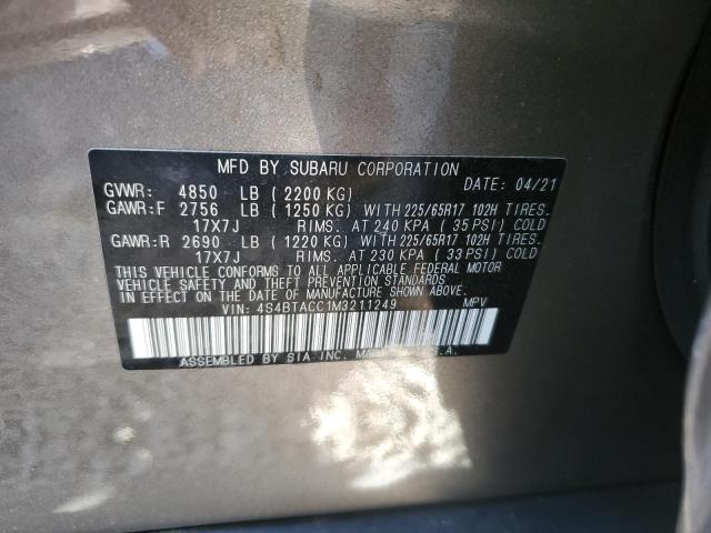 4S4BTACC1M3211249 - 2021 SUBARU OUTBACK PREMIUM GRAY photo 12