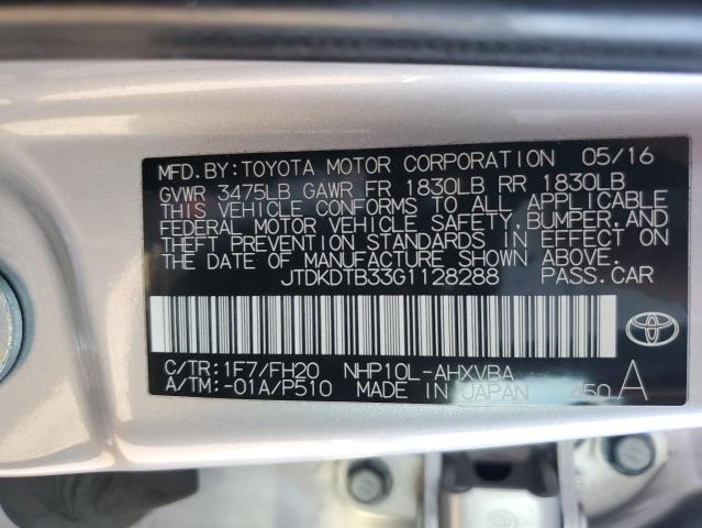 JTDKDTB33G1128288 - 2016 TOYOTA PRIUS C SILVER photo 12