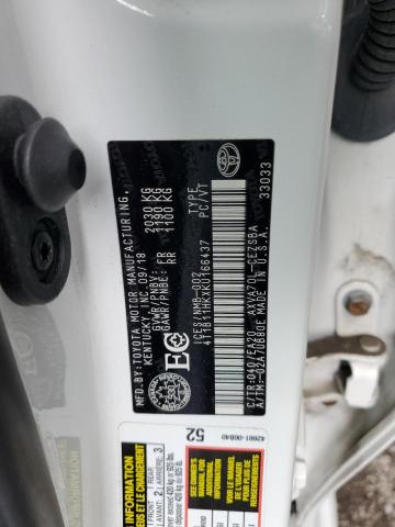 4T1B11HKXKU166437 - 2019 TOYOTA CAMRY L თეთრი ფოტო 12