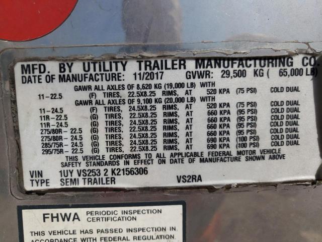 1UYVS2532K2156306 - 2019 UTILITY TRAILER WHITE photo 10