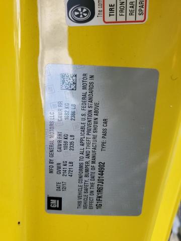 1G1FK1R67J0144902 - 2018 CHEVROLET CAMARO ZL1 黄色 照片 12