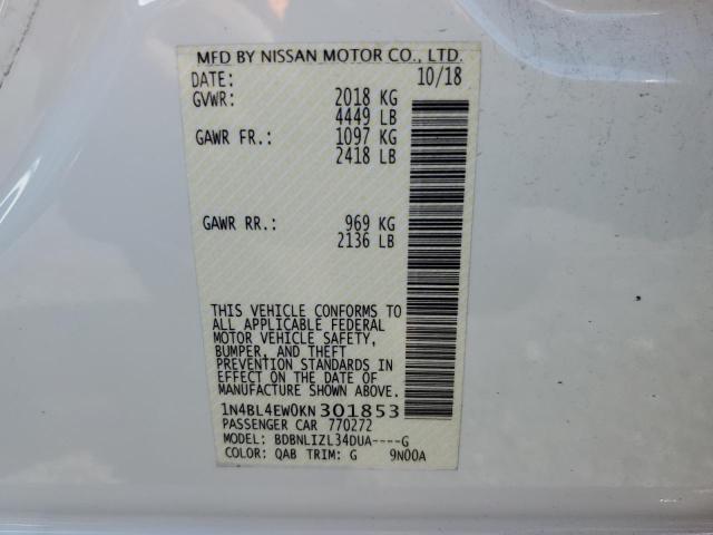 1N4BL4EW0KN301853 - 2019 NISSAN ALTIMA SL WHITE photo 13