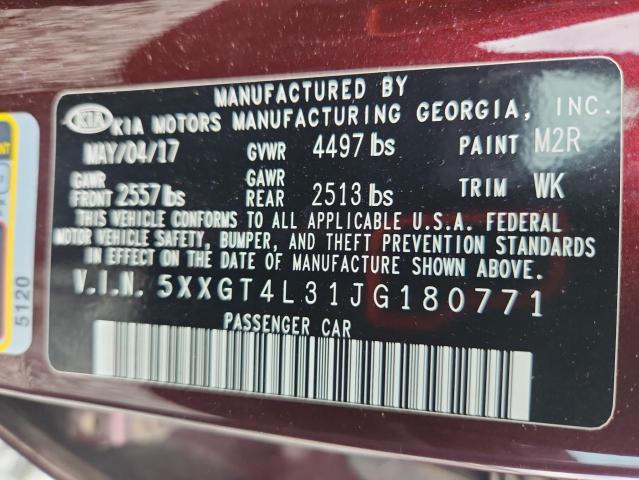 5XXGT4L31JG180771 - 2018 KIA OPTIMA LX 勃艮第红 照片 12