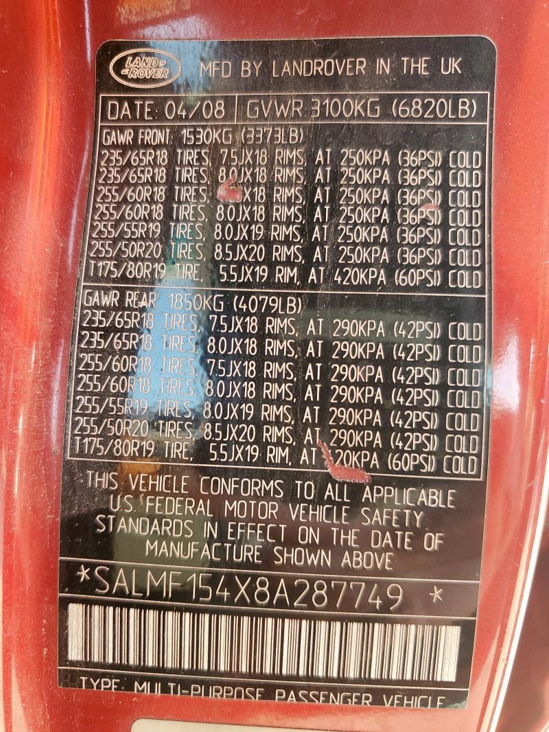 SALMF154X8A287749 - 2008 LAND ROVER RANGE ROVE HSE RED photo 14
