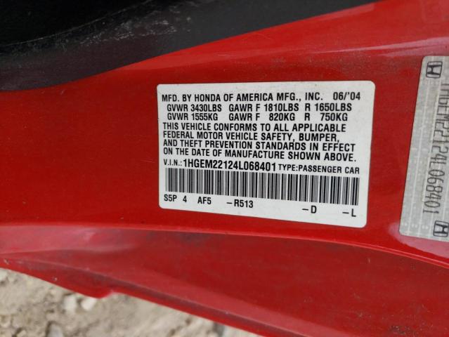 1HGEM22124L068401 - 2004 HONDA CIVIC DX VP RED photo 12