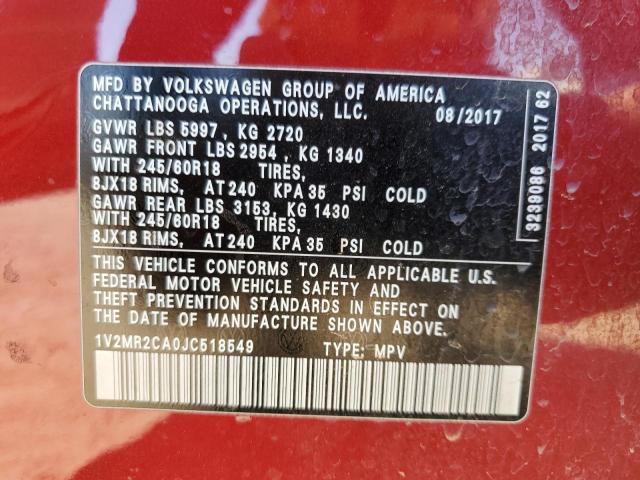 1V2MR2CA0JC518549 - 2018 VOLKSWAGEN ATLAS SEL BURGUNDY photo 13