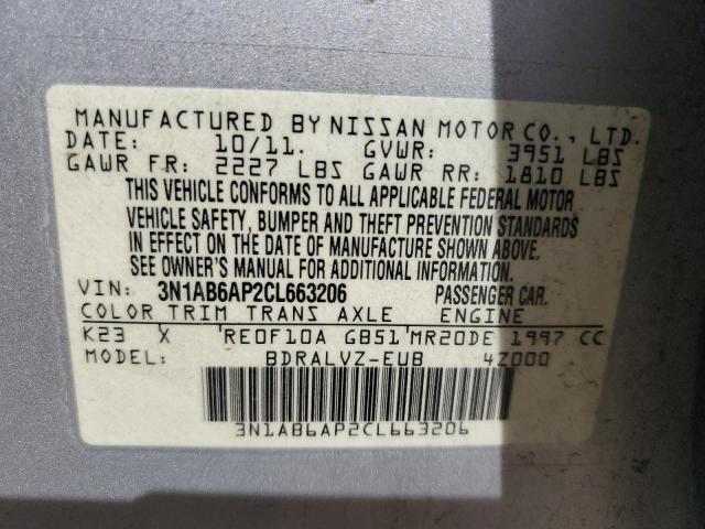 3N1AB6AP2CL663206 - 2012 NISSAN SENTRA 2.0 SILVER photo 13