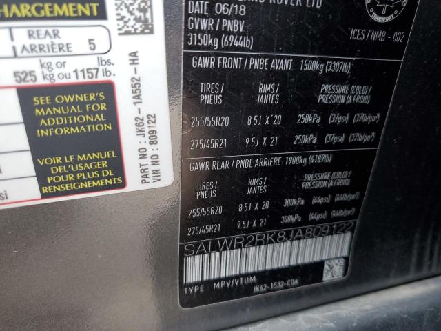 SALWR2RK8JA809122 - 2018 LAND ROVER RANGE ROVE HSE GRAY photo 13