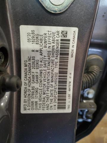 2HGFC2F87LH552302 - 2020 HONDA CIVIC SPORT GRAY photo 12