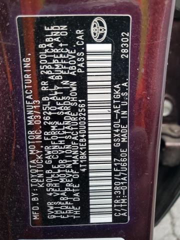 4T1BK1EB4DU032561 - 2013 TOYOTA AVALON BASE 勃艮第红 照片 13