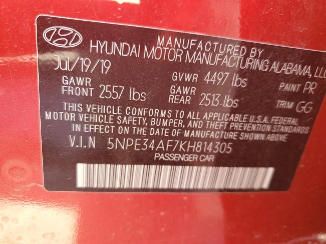 5NPE34AF7KH814305 - 2019 HYUNDAI SONATA LIMITED RED photo 12