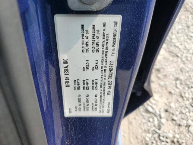 5YJ3E1EB3LF669111 - 2020 TESLA MODEL 3 Синій фото 12