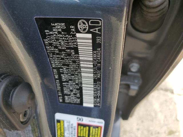 2T1BURHE0KC239929 - 2019 TOYOTA COROLLA L ნაცრისფერი ფოტო 12