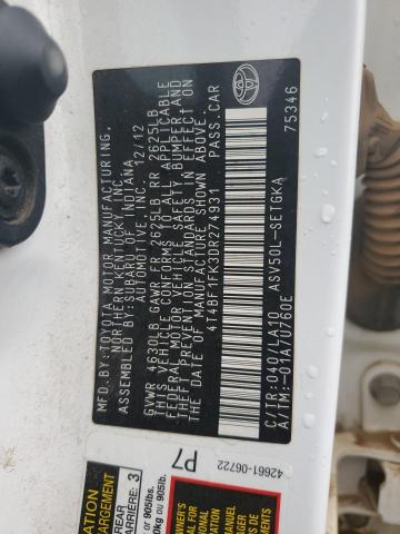 4T4BF1FK3DR274931 - 2013 TOYOTA CAMRY L თეთრი ფოტო 12