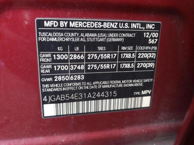 4JGAB54E31A244315 - 2001 MERCEDES-BENZ ML 320 RED photo 12