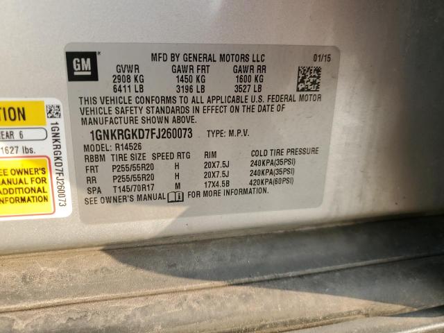 1GNKRGKD7FJ260073 - 2015 CHEVROLET TRAVERSE LT SILVER photo 12