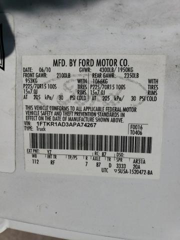 1FTKR1AD3APA74267 - 2010 FORD RANGER WHITE photo 12